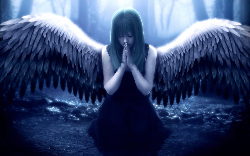 Young woman immersed in Angel Healing meditation, surrounded by a serene blue forest, showcasing her expansive wings.