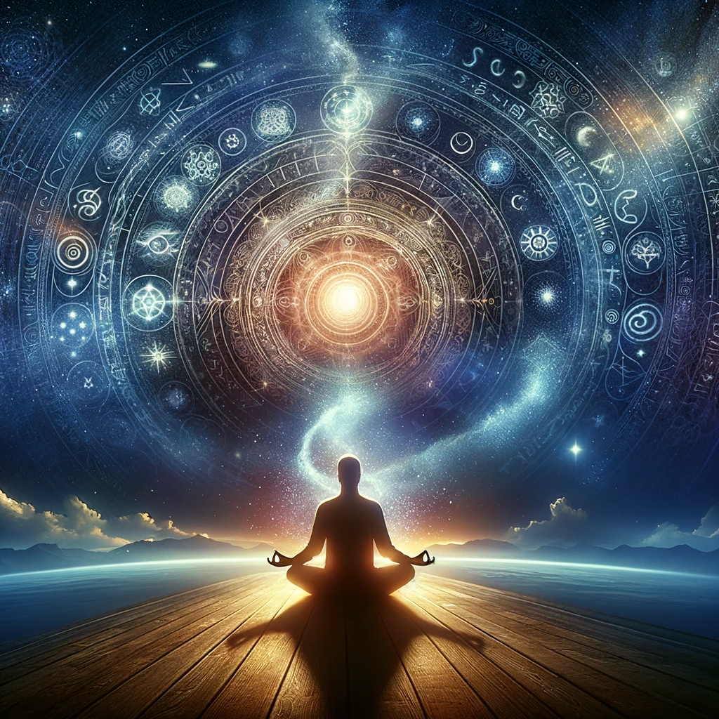 A person in meditation before a celestial backdrop, symbolizing the enlightenment found in Understanding Akashic Records.