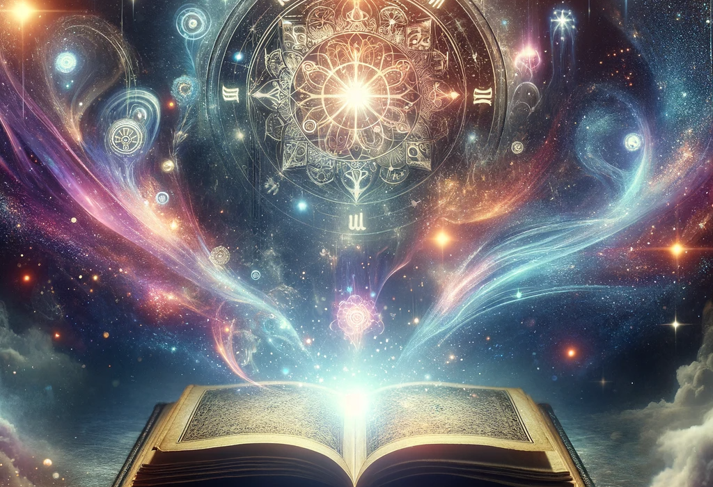 An open book bathed in celestial light with cosmic symbols floating above, encapsulating the journey of an Akashic Records Reading.