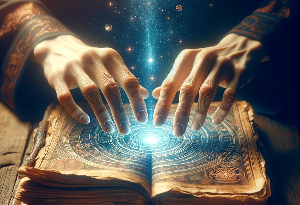 Hands touching an ancient manuscript symbolizing the access to Akashic Records Reading offered by Mystical Auras