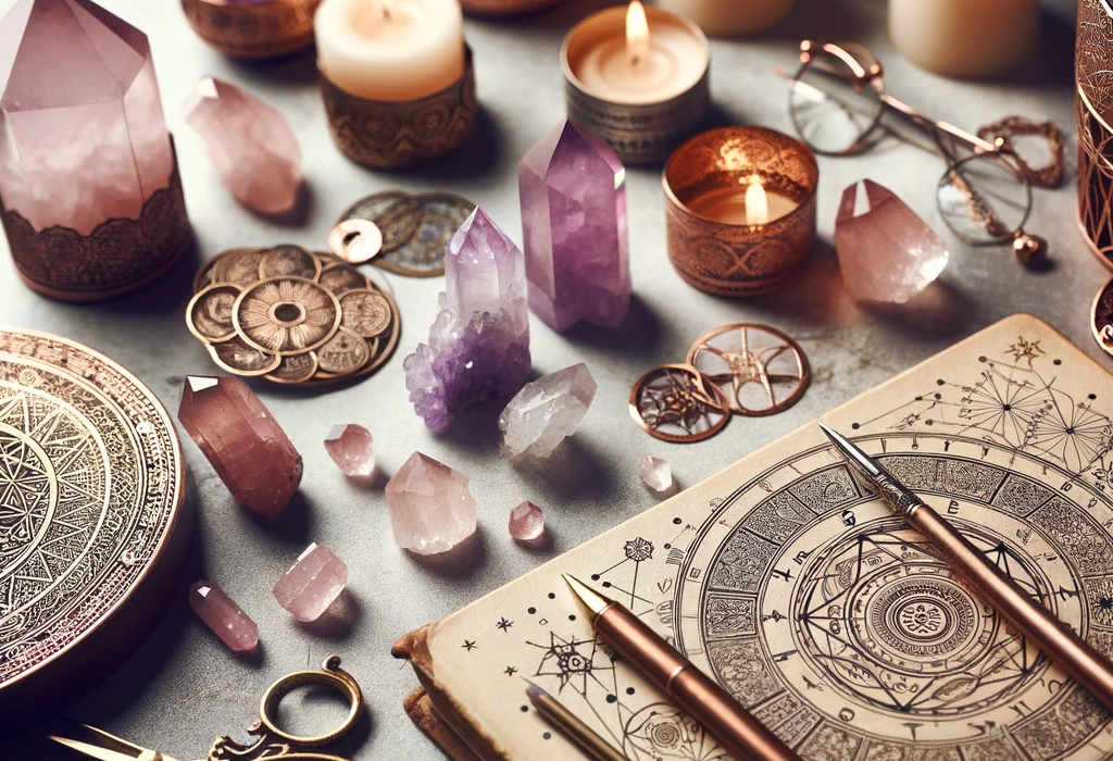 Crystals, candles, and sacred symbols used in Mystical Auras Akashic Records Reading sessions for spiritual guidance