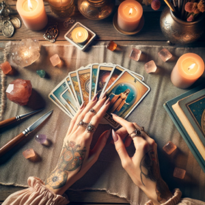 Tarot for beginners: A person laying out Tarot cards beside lit candles and healing crystals, an inviting start to Tarot reading.