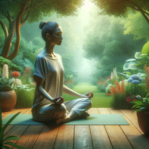 Woman practicing mindfulness meditation in a garden, transforming stress into strength